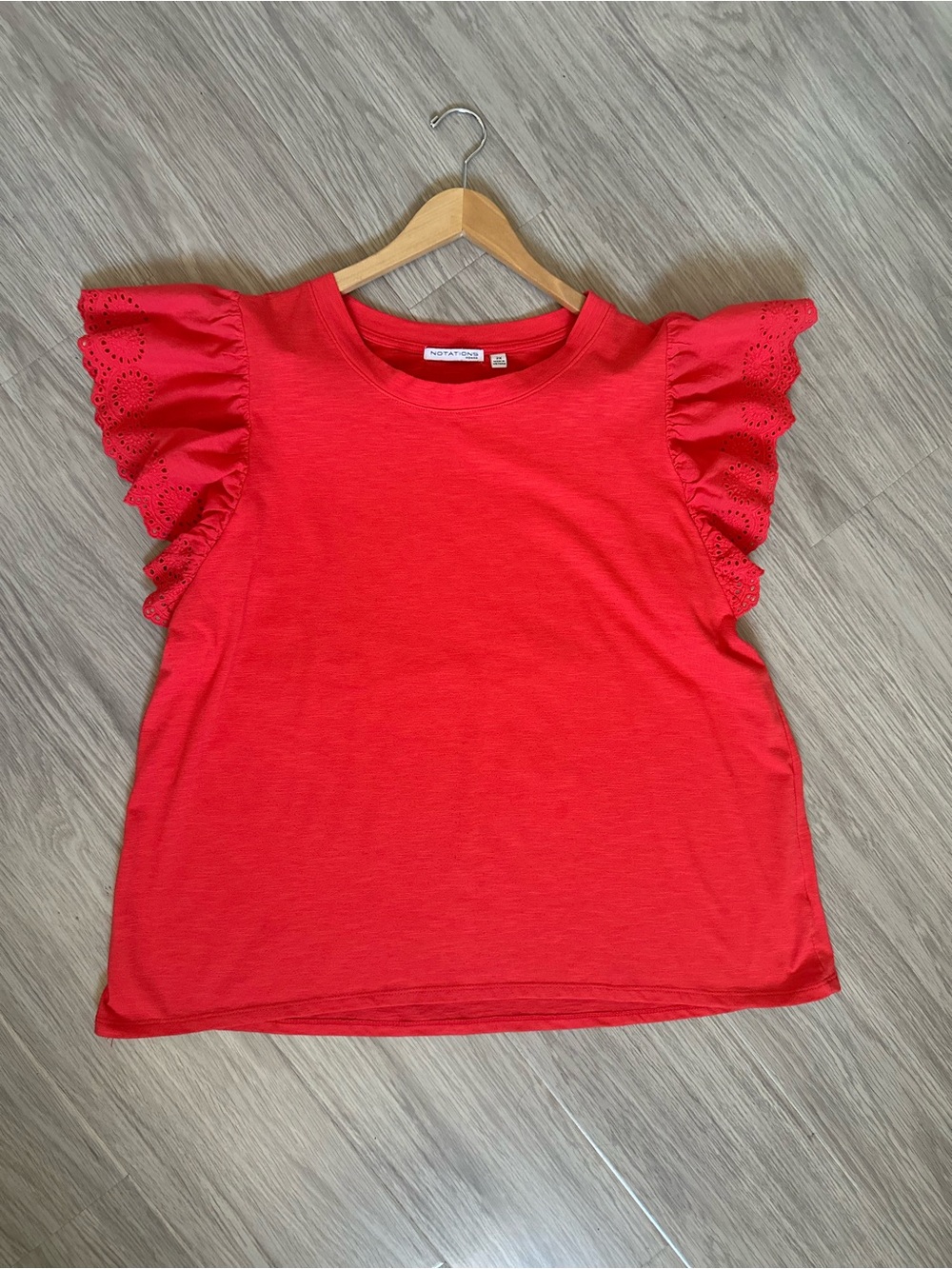Coral Red Top with Eyelet Flutter Sleeves